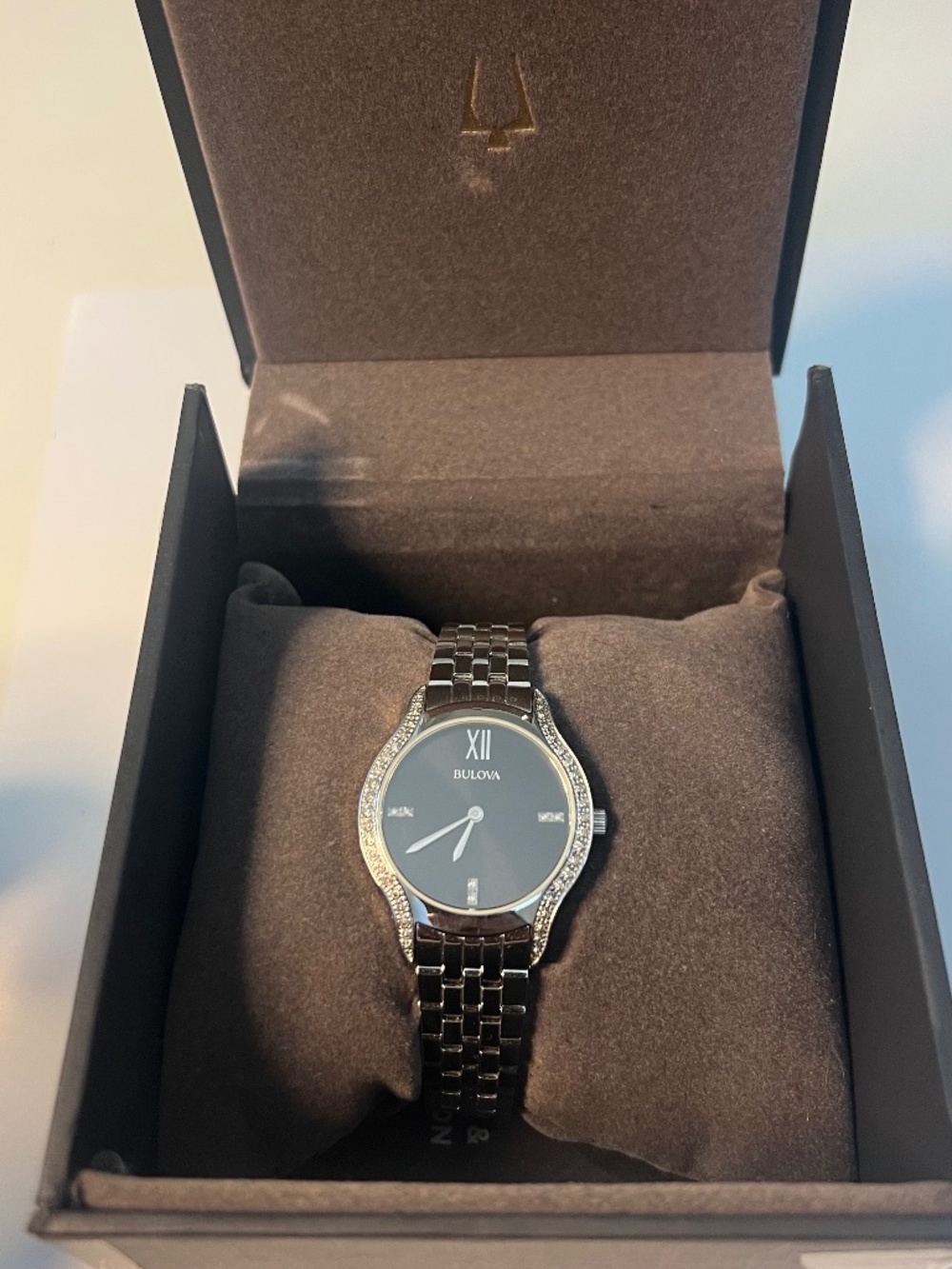 Brand New Bulova Silver-Tone Stainless Steel Watch | Black Dial & Crystal Accent